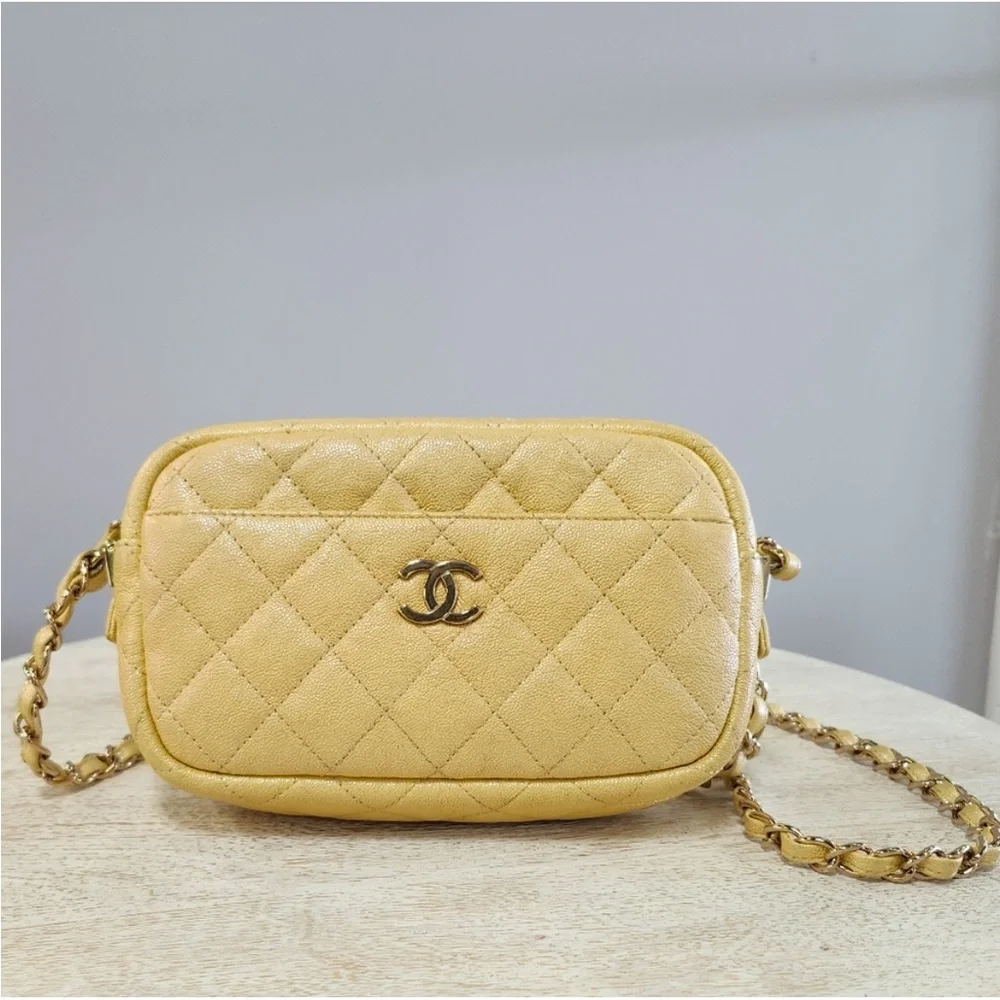 Rare 2019 Chanel Caviar Iridescent Yellow Camera Bag with Gold Hardware